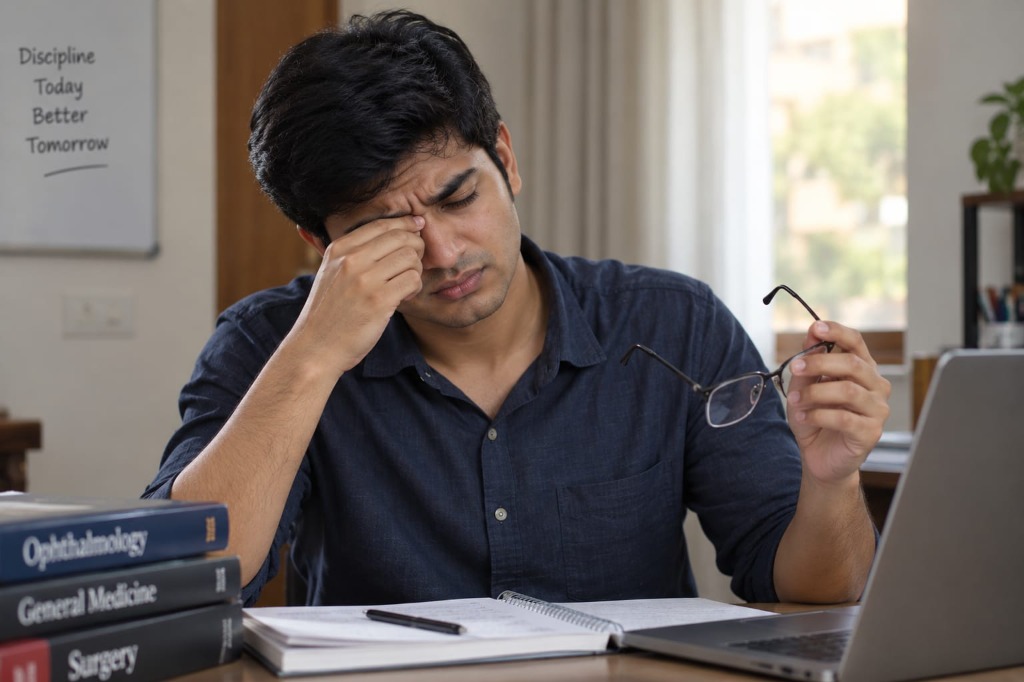 Student experiencing blurry vision while studying