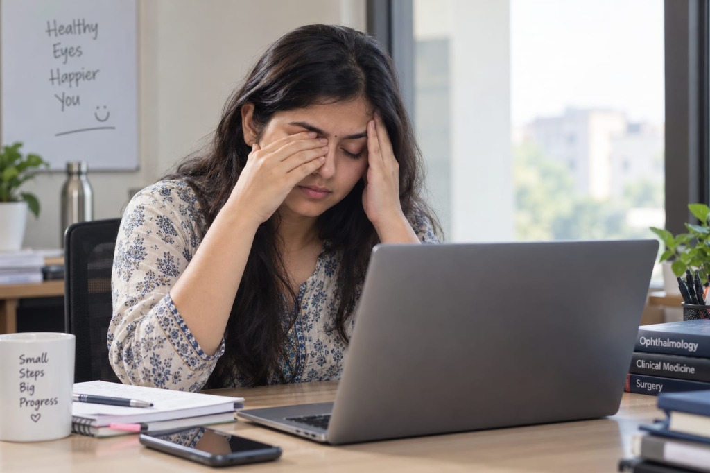 Professional rubbing tired eyes due to computer screen strain
